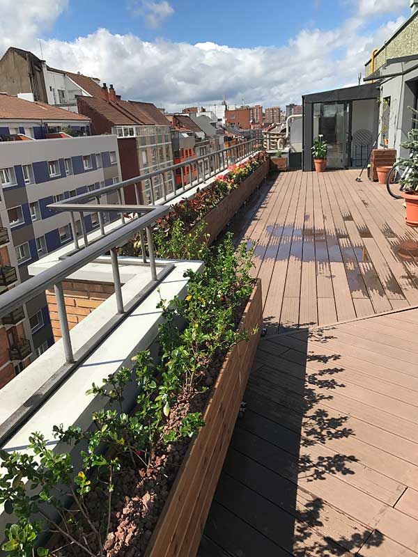 Ático con hilera de macetas y suelo de madera